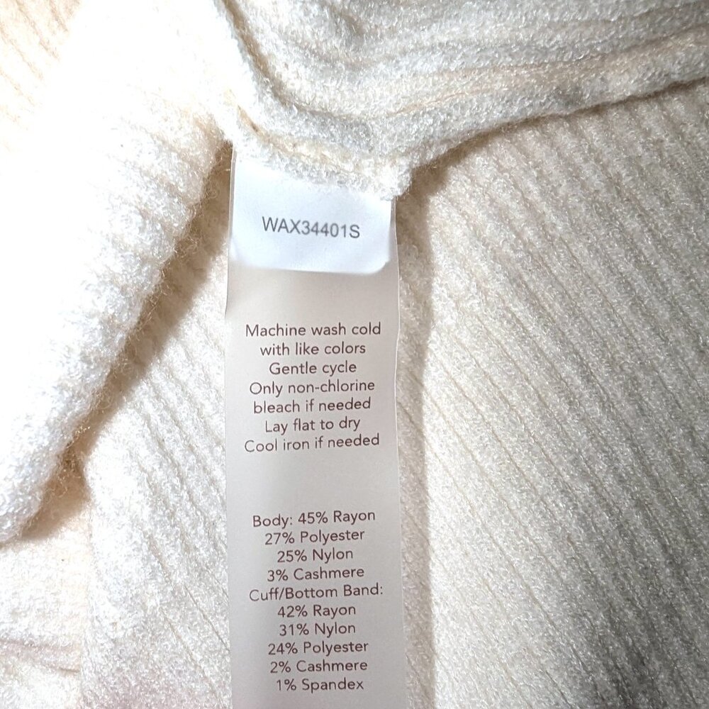 CALIA | Cashmere Blend Ribbed Knit Hooded Sweater Pullover in Cream | Small - Picture 13 of 14